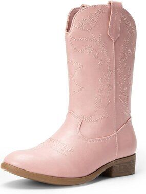 Dream Pairs Girls Pink Embroidered Cowgirl Stylish Girls Mid Calf Shoes Boots